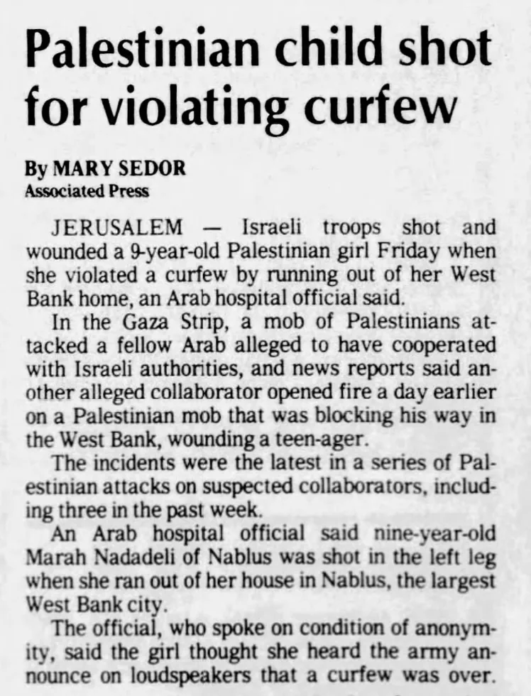 Palestinian child shot for violating curfew — Anchorage Times, 27 August 1988