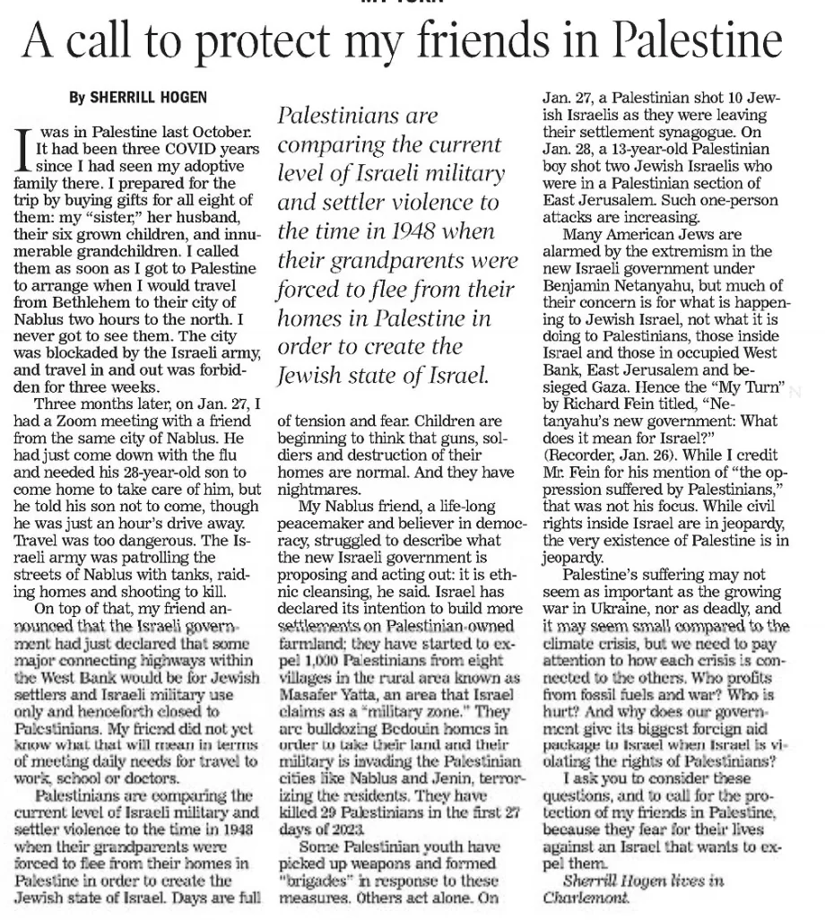 A call to protect my friends in Palestine &mdash; Athol Daily News, 1 February 2023