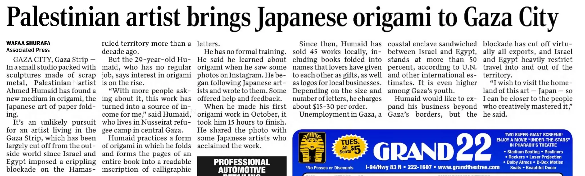 Palestinian artist brings Japanese origami to Gaza City — The Bismarck Tribune, 28 January 2019