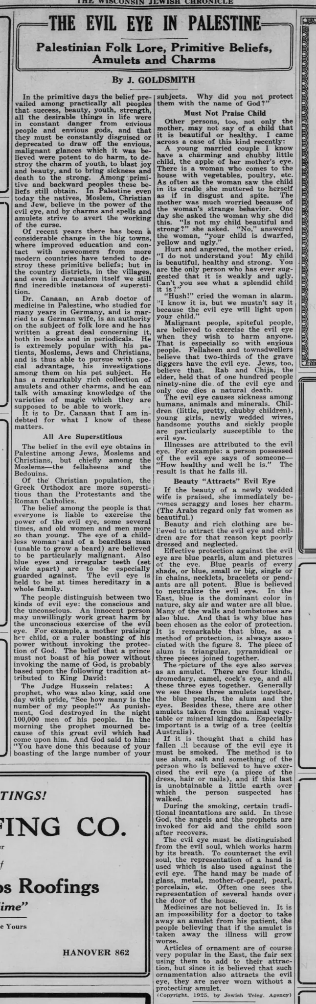 The Evil Eye in Palestine — Wisconsin Jewish Chronicle, 18 September 1925