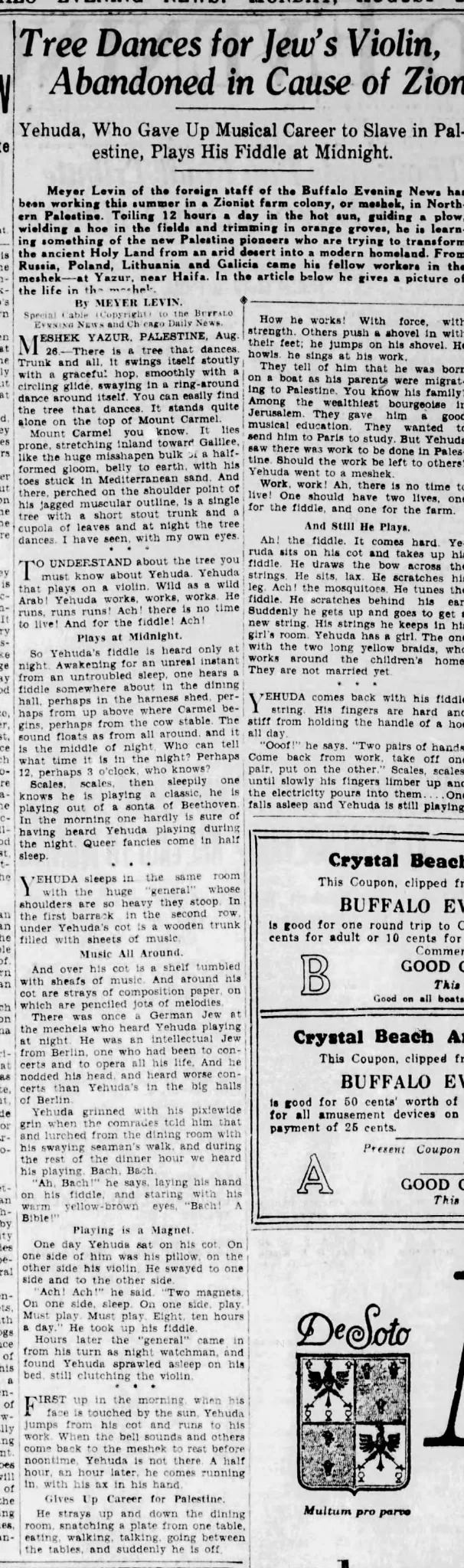 Tree Dances for Jew’s Violin, Abandoned in Cause of Zion — Buffalo Evening News, 27 August 1928