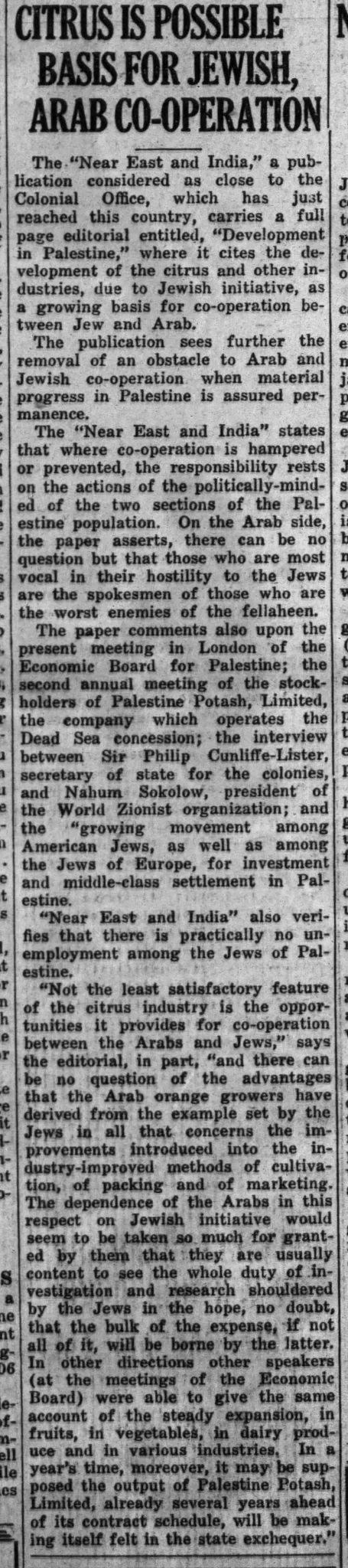 Citrus Is Possible Basis For Jewish, Arab Co-operation — Sioux City News, 7 July 1933
