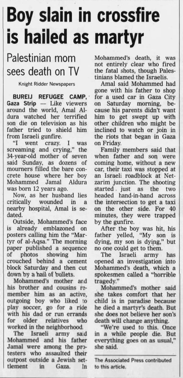 Boy slain in crossfire is hailed as martyr — Arizona Republic, 2 October 2000