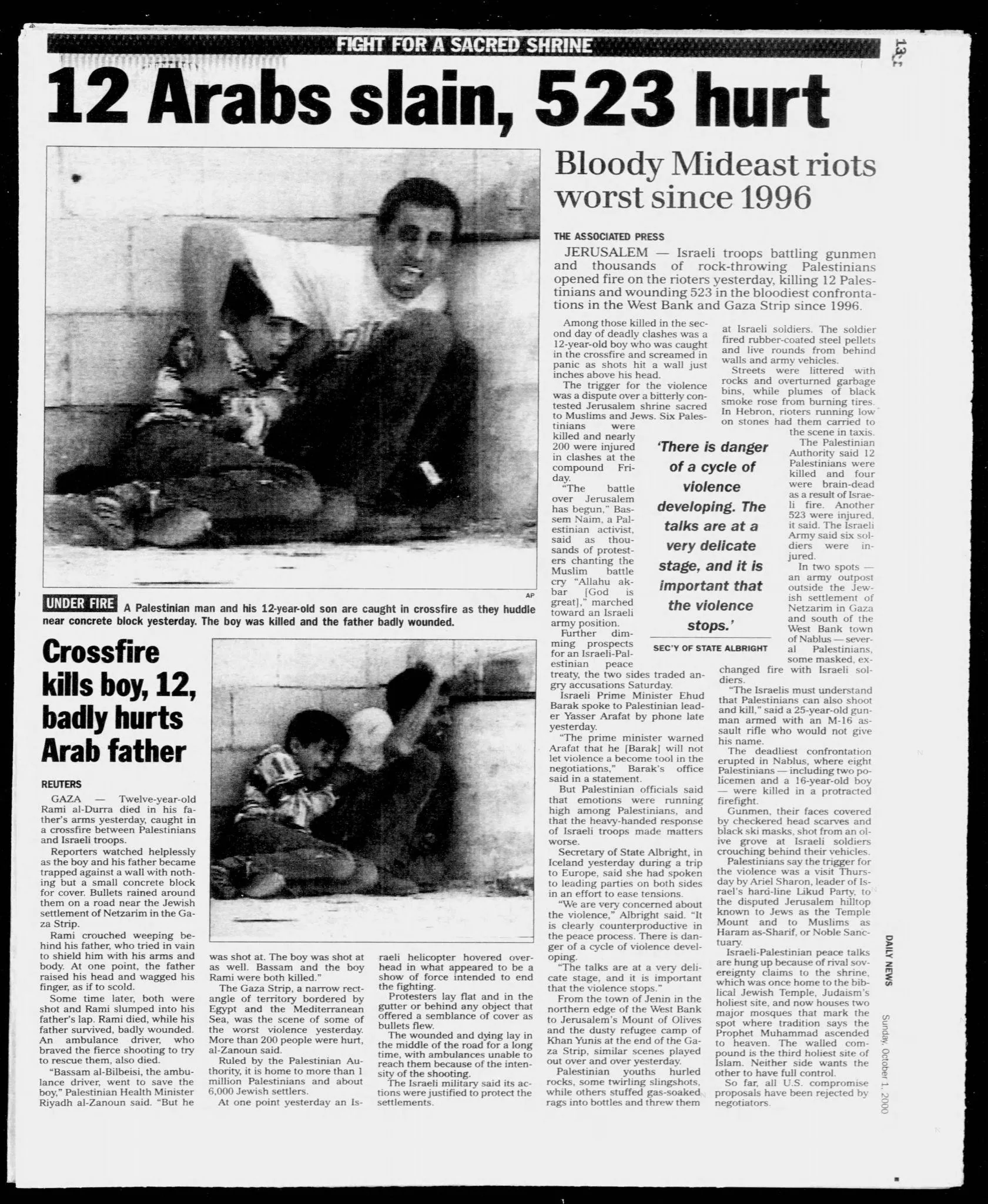 12 Arabs slain, 523 hurt — Daily News, 1 October 2000