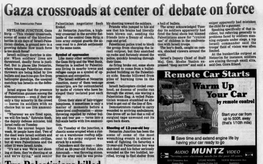 Gaza crossroads at center of debate on force &mdash; Green Bay Press Gazette, 4 October 2000