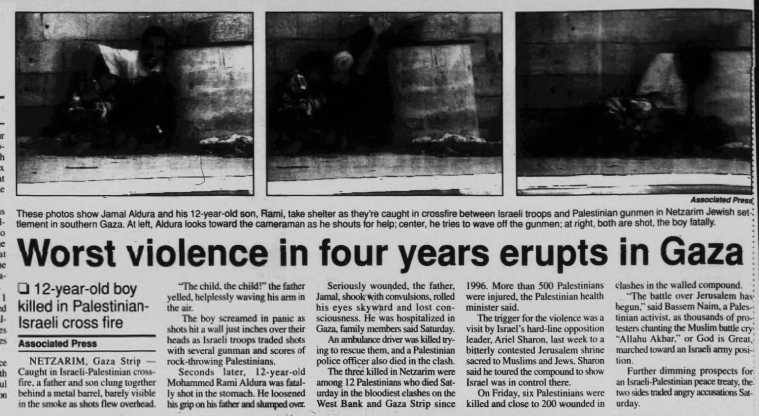 Worst violence in four years erupts in Gaza &mdash; Hawaii Tribune Herald, 1 October 2000