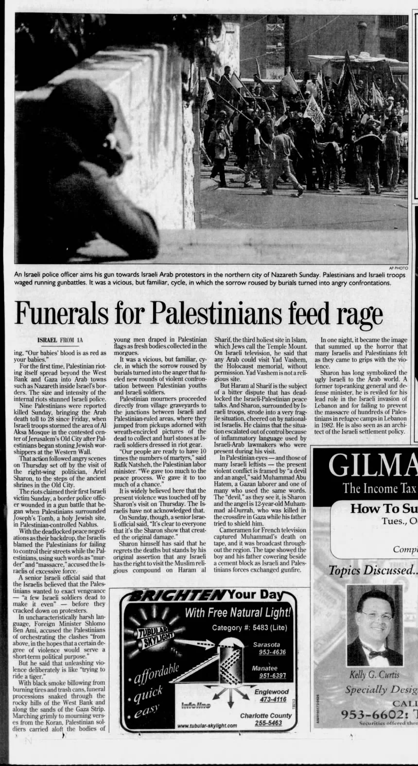 Funerals for Palestinians feed rage &mdash; Sarasota Herald Tribune, 2 October 2000
