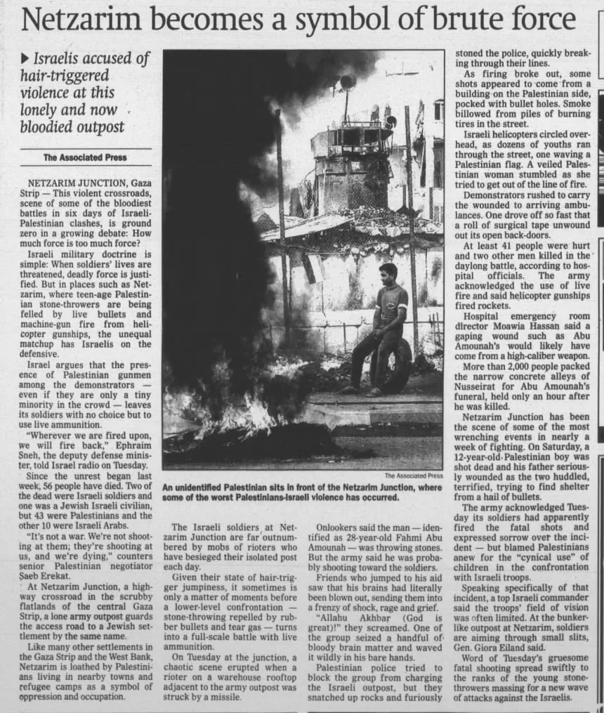 Netzarim becomes a symbol of brute force — The Santa Fe New Mexican, 4 October 2000