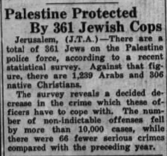 Palestine Protected By 361 Jewish Cops — Sioux City News, 7 July 1933