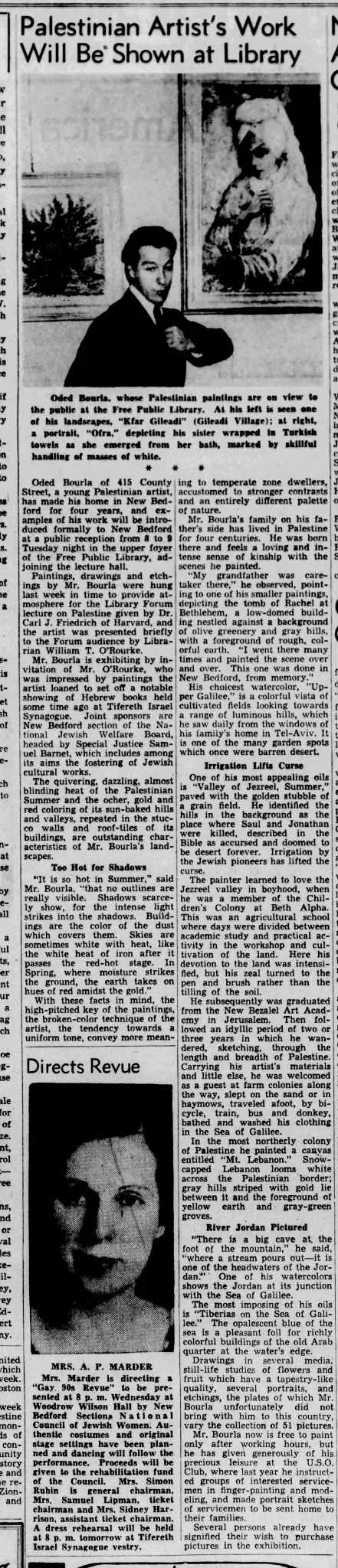 Palestinian Artist’s Work Will Be Shown at Library — The Standard Times, 18 March 1945