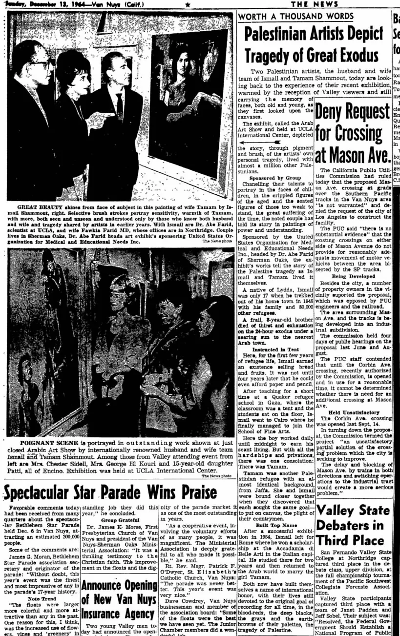 Palestinian Artists Depict Tragedy of Great Exodus — Valley News, 13 December 1964