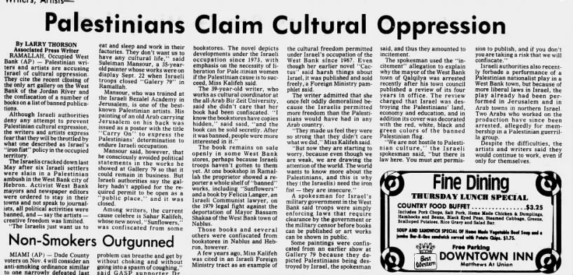 Palestinians Claim Cultural Oppression — The Sun, 15 October 1980
