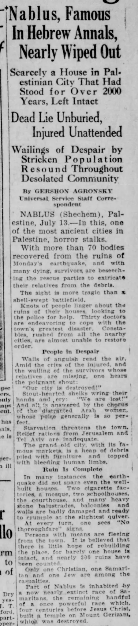 Nablus, Famous In Hebrew Annals, Nearly Wiped Out — Waco News-Tribune, 14 July 1927