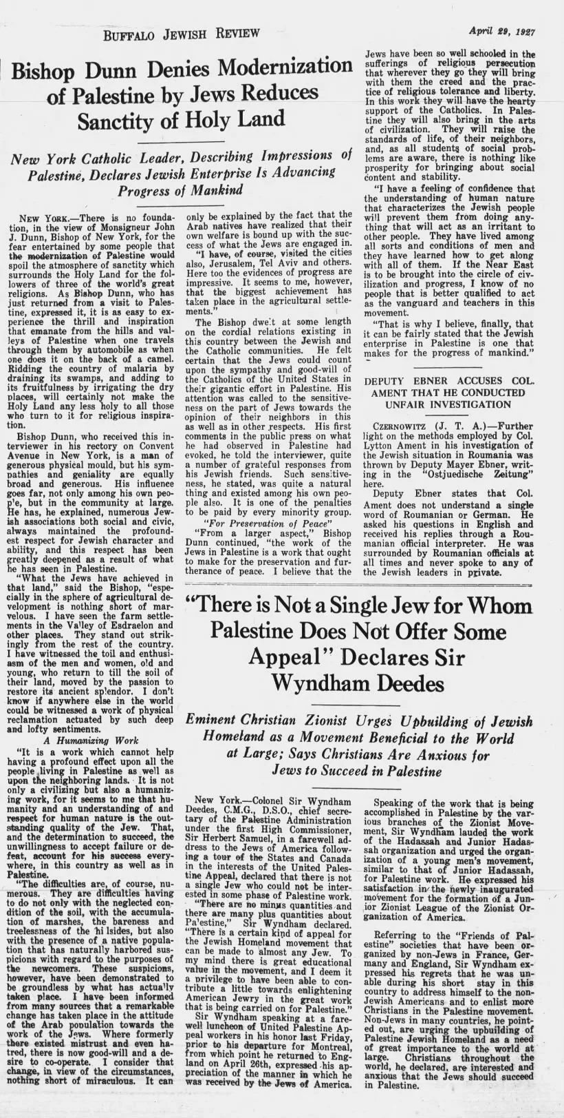 Bishop Dunn Denies Modernization of Palestine by Jews Reduces Sanctity of Holy Land — Buffalo Jewish Review, 29 April 1927