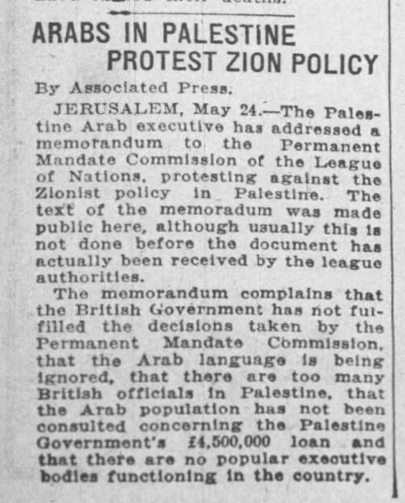 Arabs In Palestine Protest Zion Policy — St. Louis Globe-Democrat, 25 May 1927