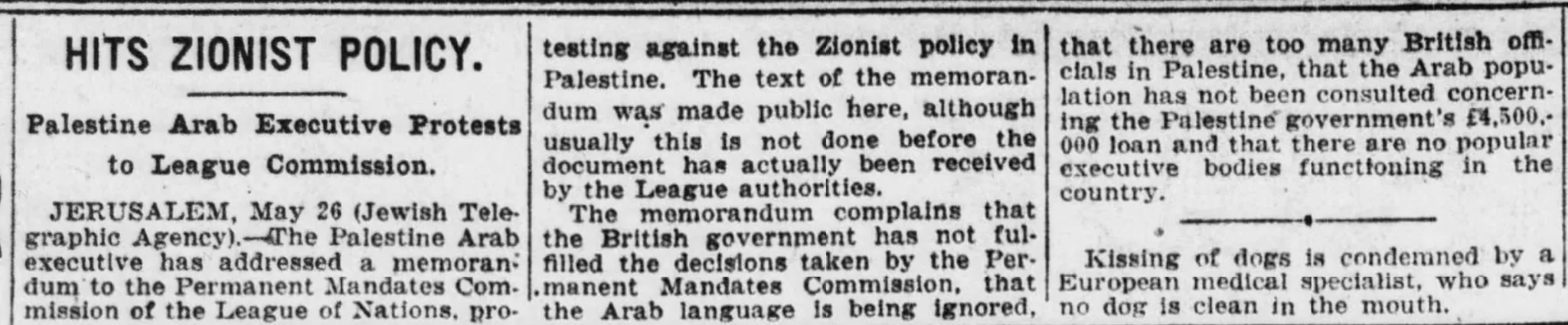 Hits Zionist Policy. — Evening Star, 26 May 1927