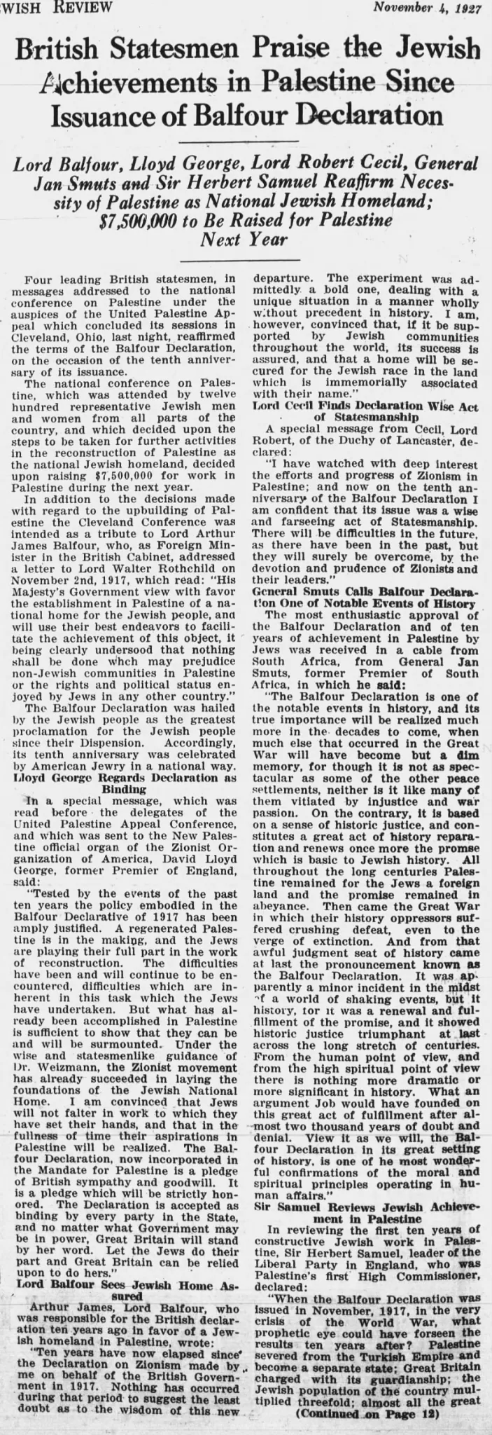 British Statesmen Praise the Jewish Achievements in Palestine Since Issuance of Balfour Declaration — Buffalo Jewish Review, 4 November 1927