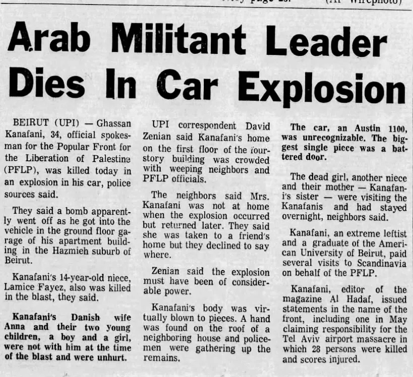 Arab Militant Leader Dies In Car Explosion — Jacksonville Journal, 8 July 1972