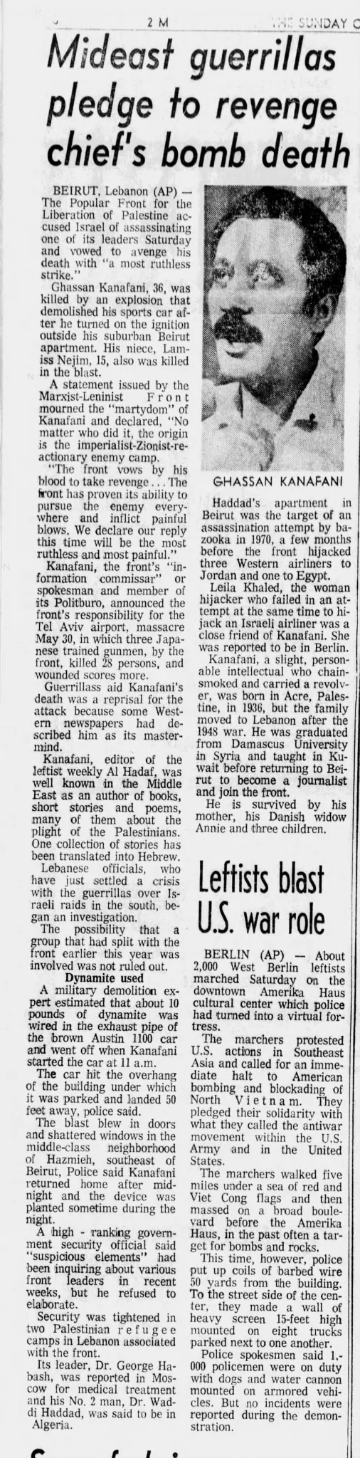 Mideast guerrillas pledge to revenge chief’s bomb death — The Sunday Oregonian, 9 July 1972