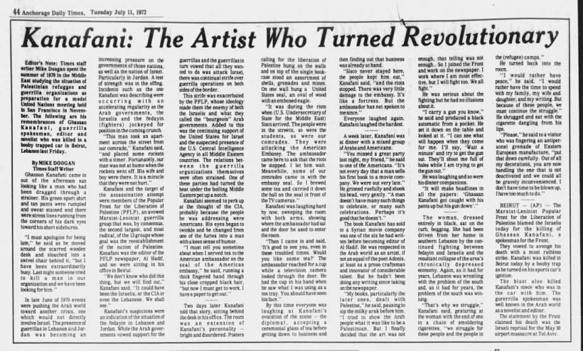 Kanafani: The Artist Who Turned Revolutionary — Anchorage Daily Times, 11 July 1972