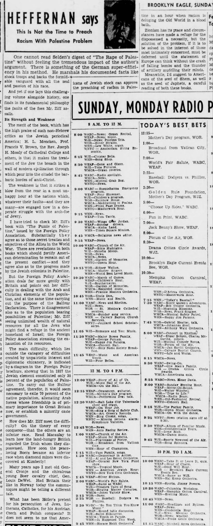 This Is Not the Time to Preach Racism With Palestine Problem &mdash; Brooklyn Eagle, 12 May 1940