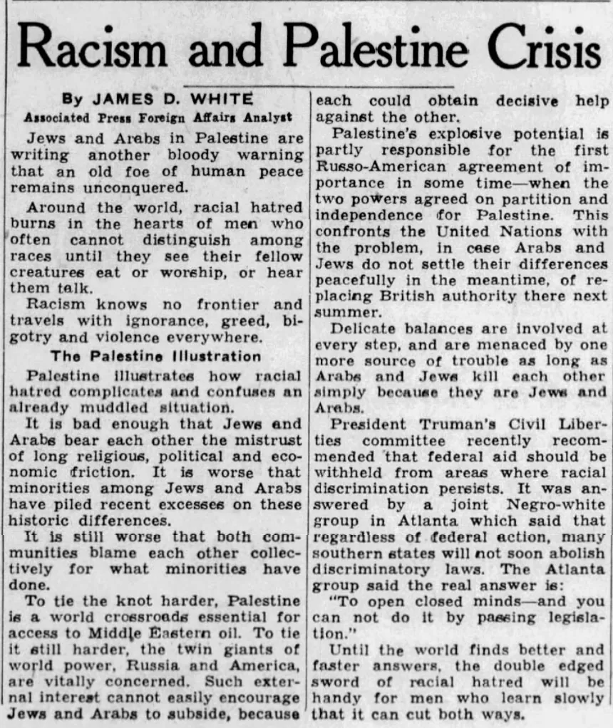 Racism and Palestine Crisis &mdash; Bridgeport Telegram, 8 December 1947