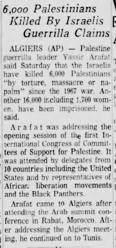 6,000 Palestinians Killed By Israelis &mdash; The Beaumont Enterprise, 28 December 1969