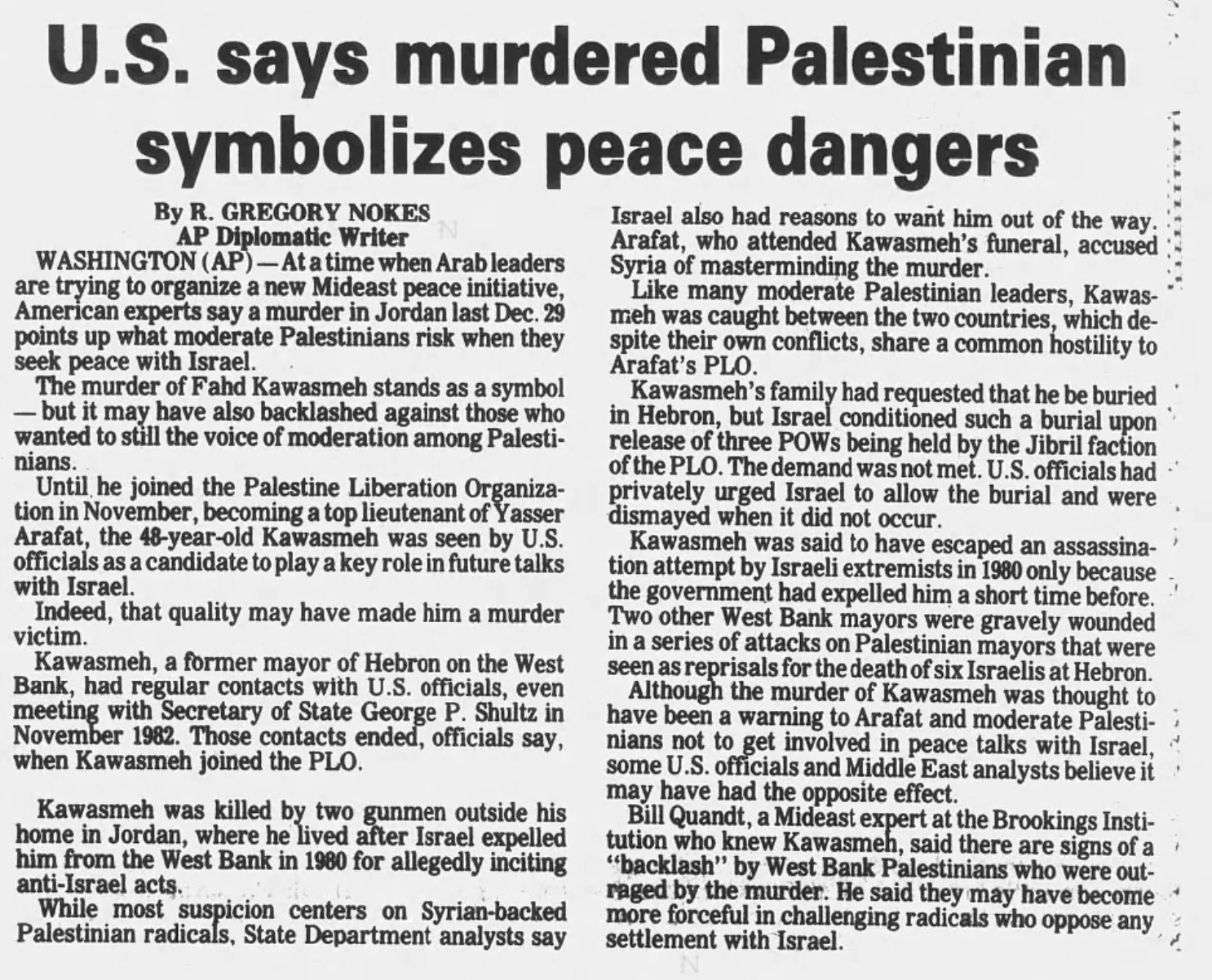 U.S. says murdered Palestinian symbolizes peace dangers — Broken Arrow Ledger, 20 March 1985