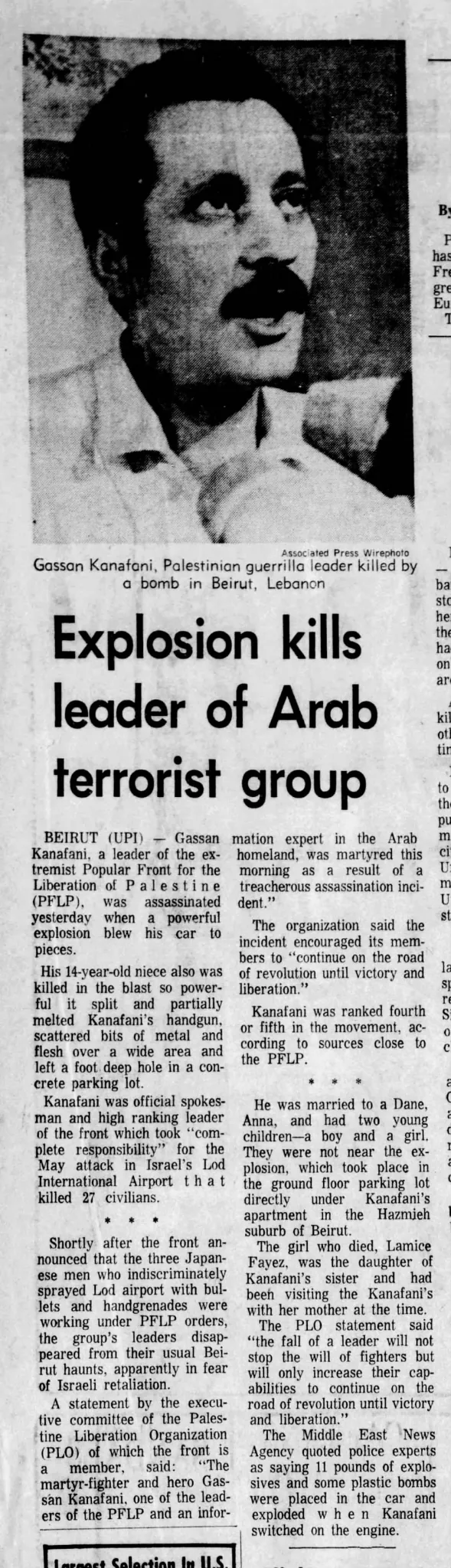 Explosion kills leader of Arab terrorist group — The Star-Ledger, 9 July 1972