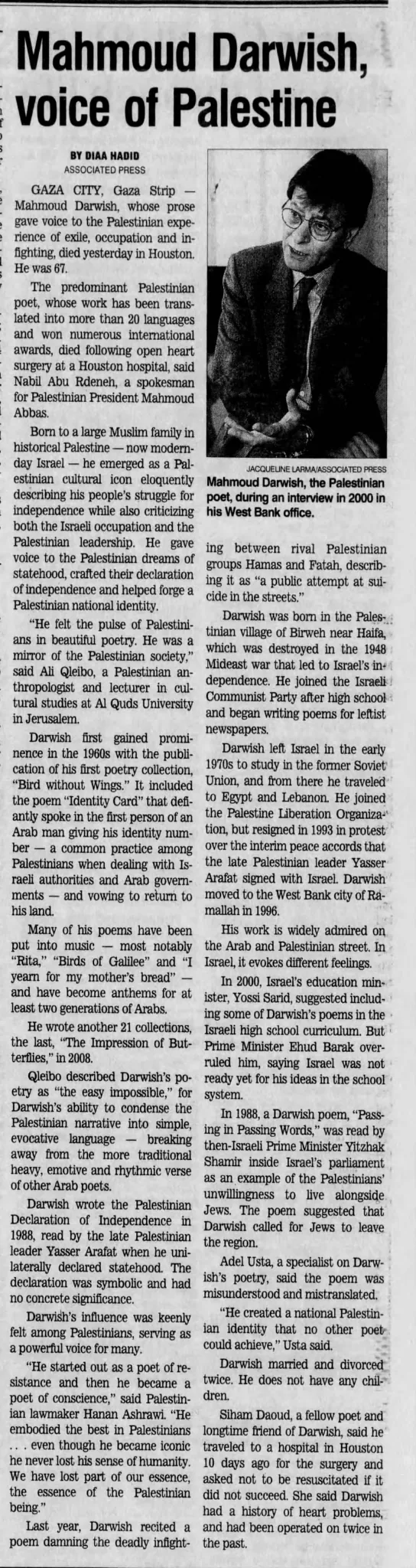 Mahmoud Darwish, voice of Palestine — The Star-Ledger, 10 August 2008