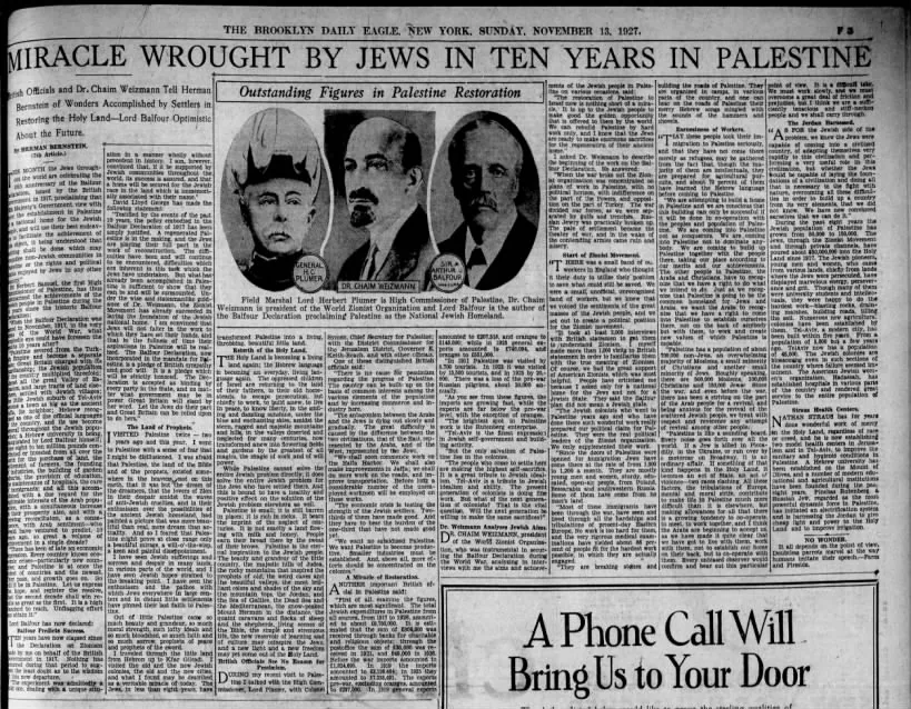 MIRACLE WROUGHT BY JEWS IN TEN YEARS IN PALESTINE &mdash; The Brooklyn Daily Eagle, 13 November 1927