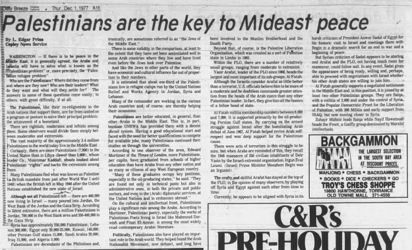 Palestinians are the key to Mideast peace — Daily Breeze, 1 December 1977
