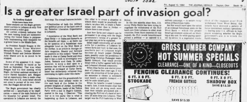 Is a greater Israel part of invasion goal? — The Journal Herald, 13 August 1982