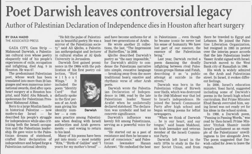 Poet Darwish leaves controversial legacy — Bangor Daily News, 13 August 2008