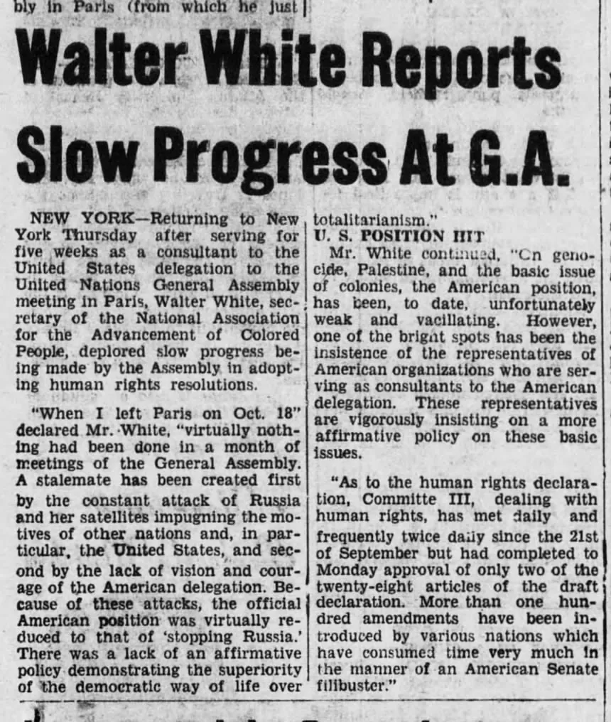 Walter White Reports Slow Progress At G.A. &mdash; Alabama Tribune, 29 October 1948