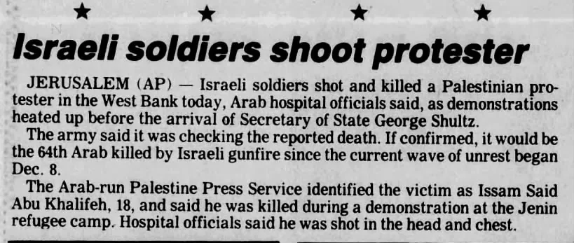 Israeli soldiers shoot protester — Kearney Hub, 25 February 1988