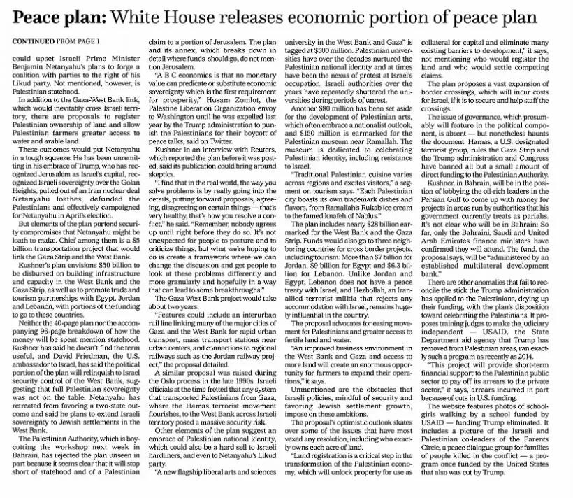 Peace plan: White House releases economic portion of peace plan — St. Louis Jewish Light, 26 June 2019