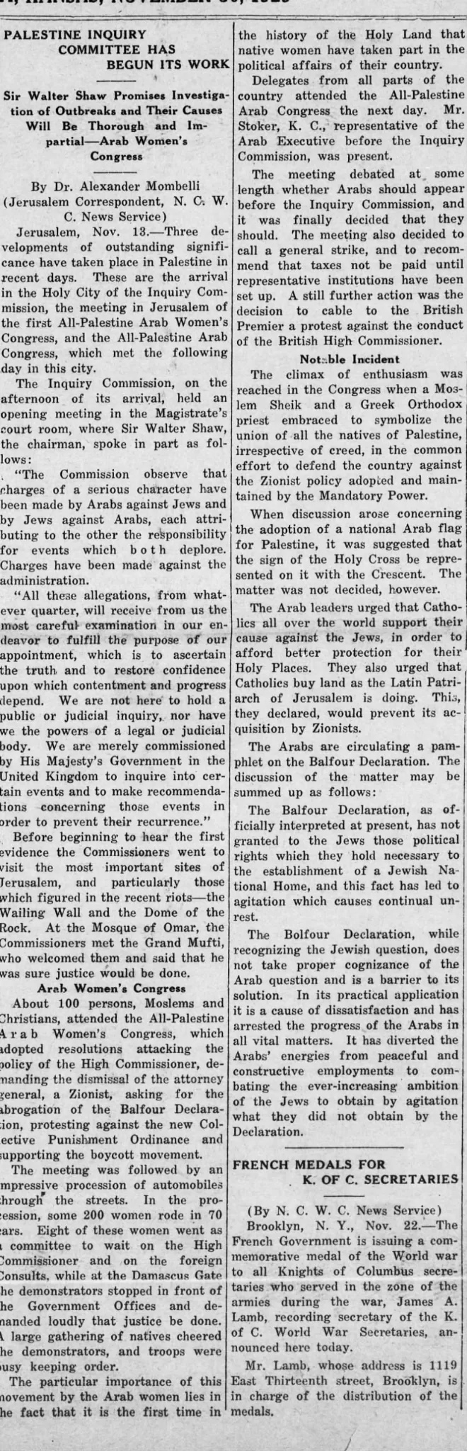 Palestine Inquiry Committee Has Begun Its Work — The Catholic Advance, 30 November 1929