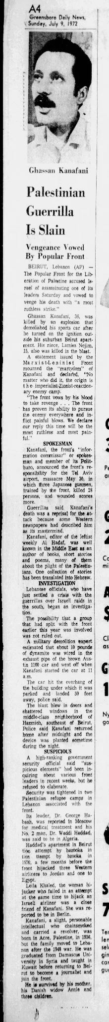Palestinian Guerrilla Is Slain — Greensboro Daily News, 9 July 1972