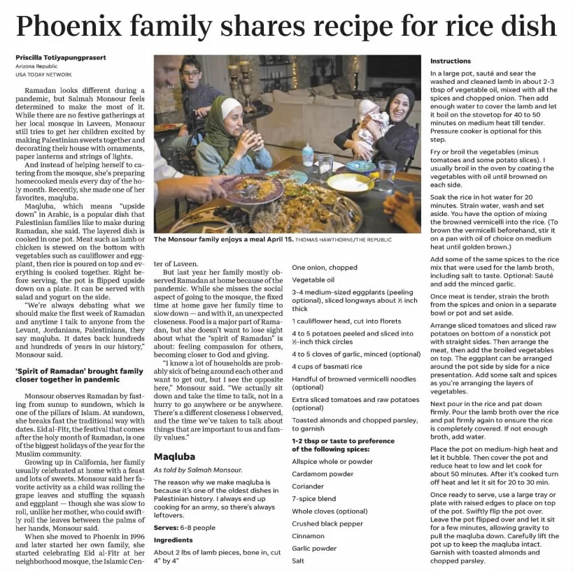 Phoenix family shares recipe for rice dish — The Arizona Republic, 28 April 2021