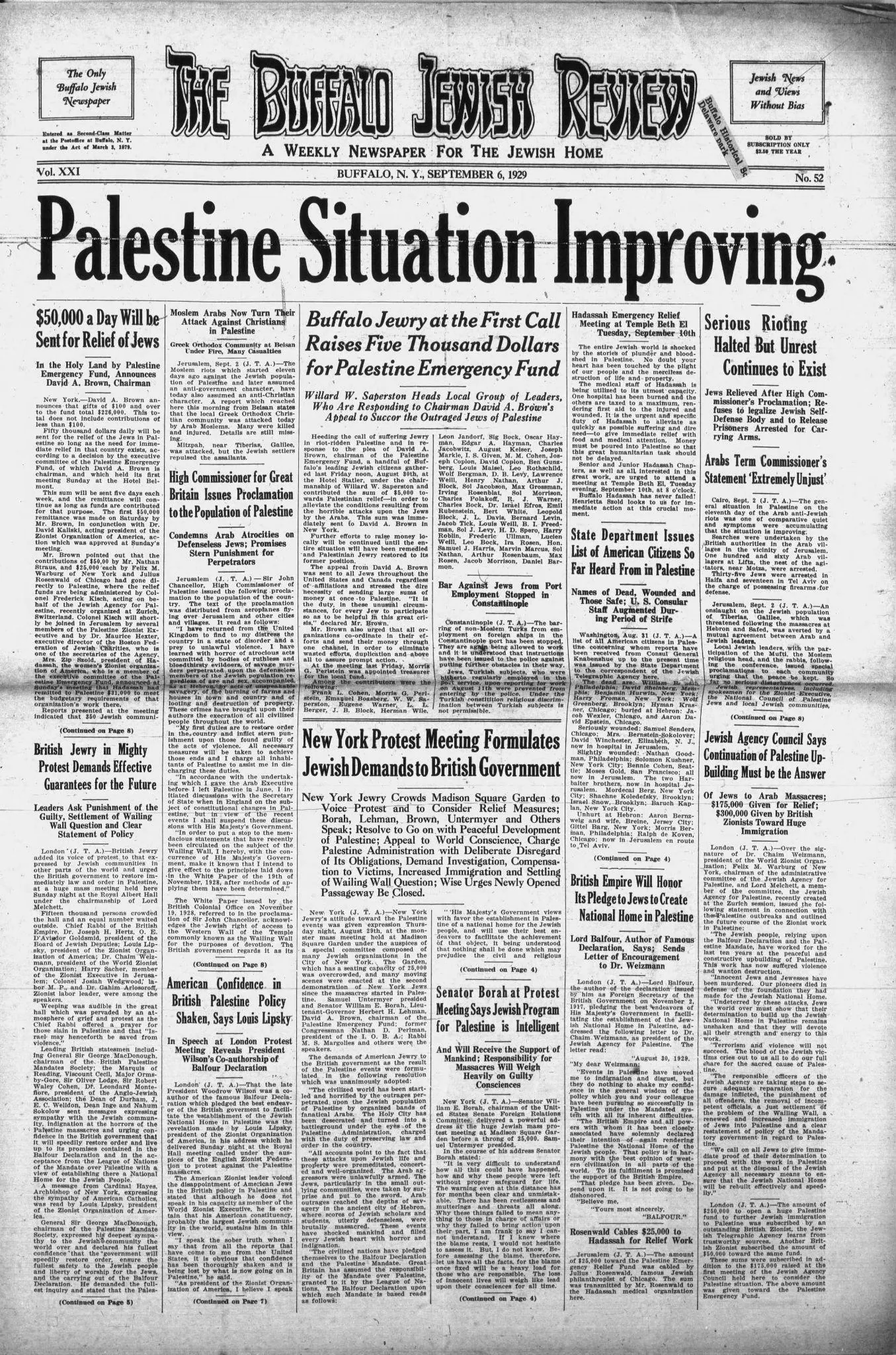 Palestine Situation Improving &mdash; The Buffalo Jewish Review, 6 September 1929