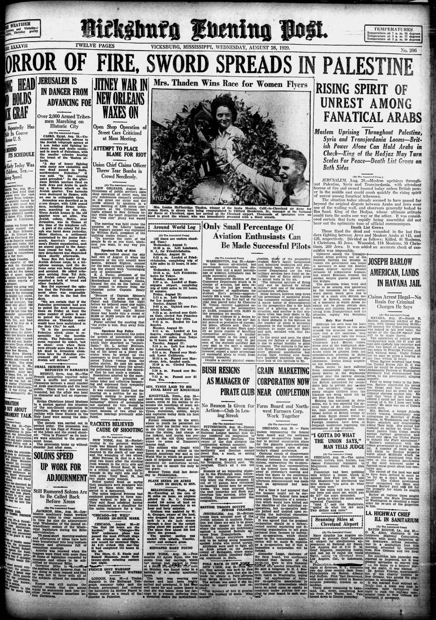 HORROR OF FIRE, SWORD SPREADS IN PALESTINE &mdash; Vicksburg Evening Post, 28 August 1929