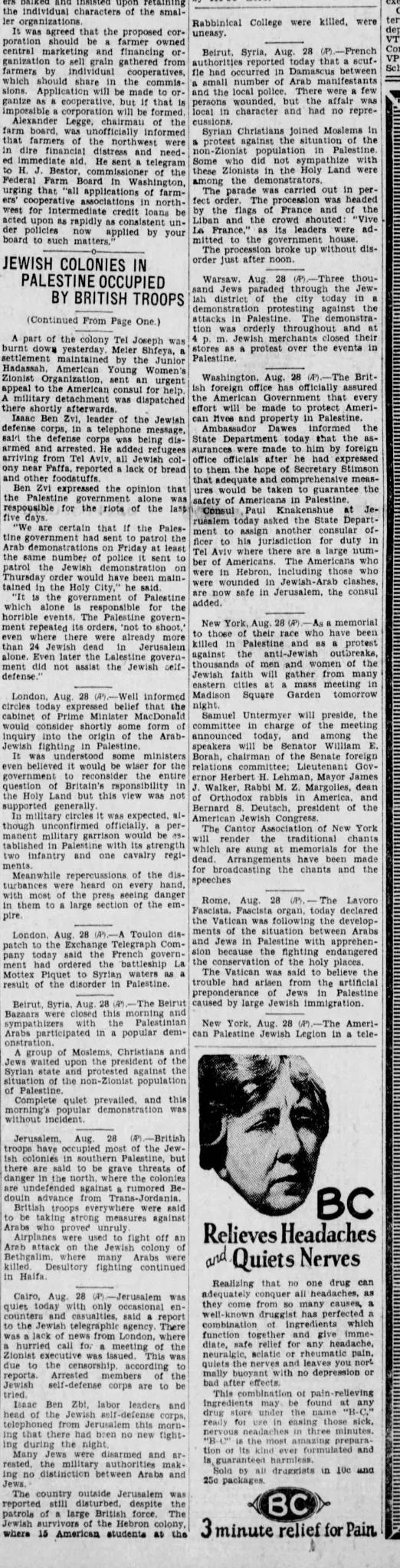 JEWISH COLONIES IN PALESTINE OCCUPIED BY BRITISH TROOPS &mdash; The World News, 28 August 1929