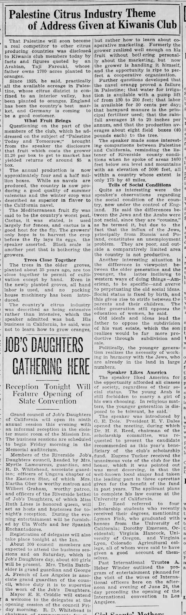 Palestine Citrus Industry Theme of Address Given at Kiwanis Club — Riverside Daily Press, 15 June 1933