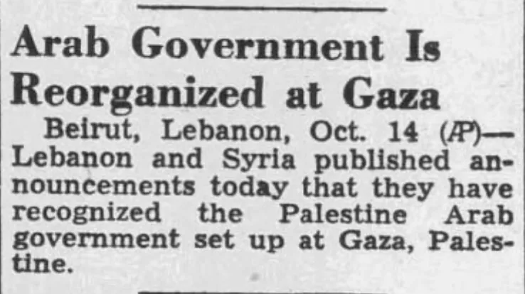 Arab Government Is Reorganized at Gaza &mdash; The Columbian, 14 October 1948