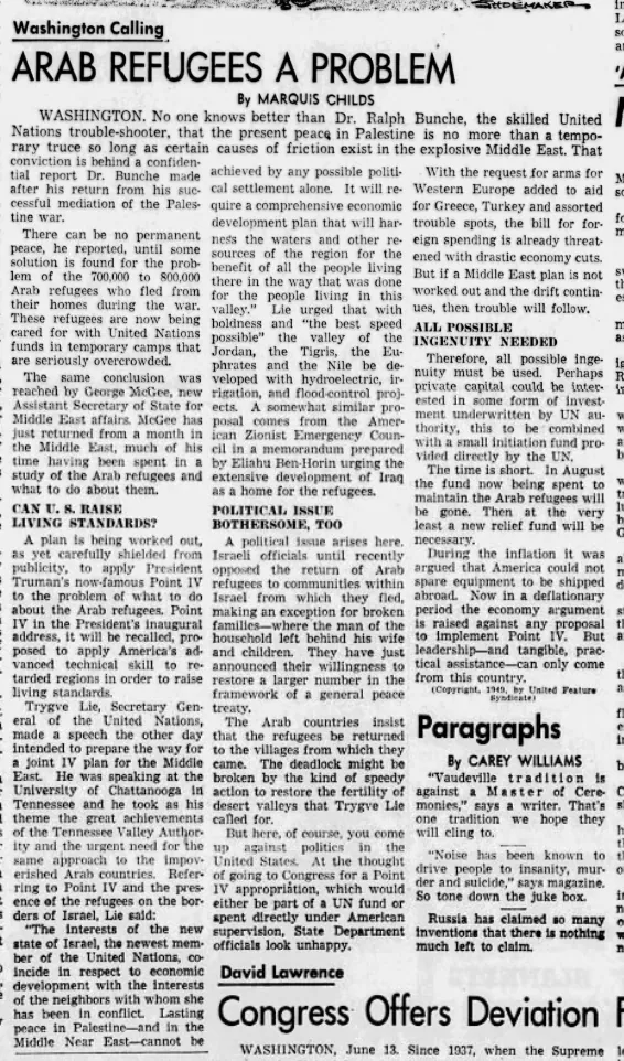 Arab Refugees A Problem — Pasadena Star-News, 13 June 1949