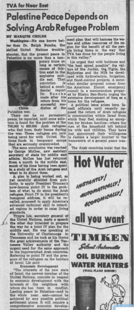Palestine Peace Depends on Solving Arab Refugee Problem — The Post-Crescent, 13 June 1949