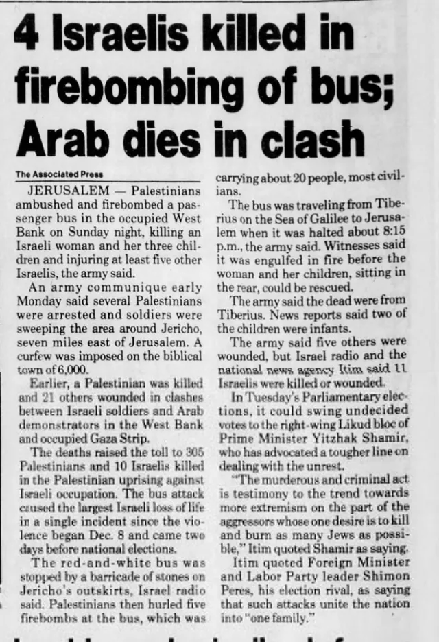 4 Israelis killed in firebombing of bus; Arab dies in clash &mdash; Clarion-Ledger