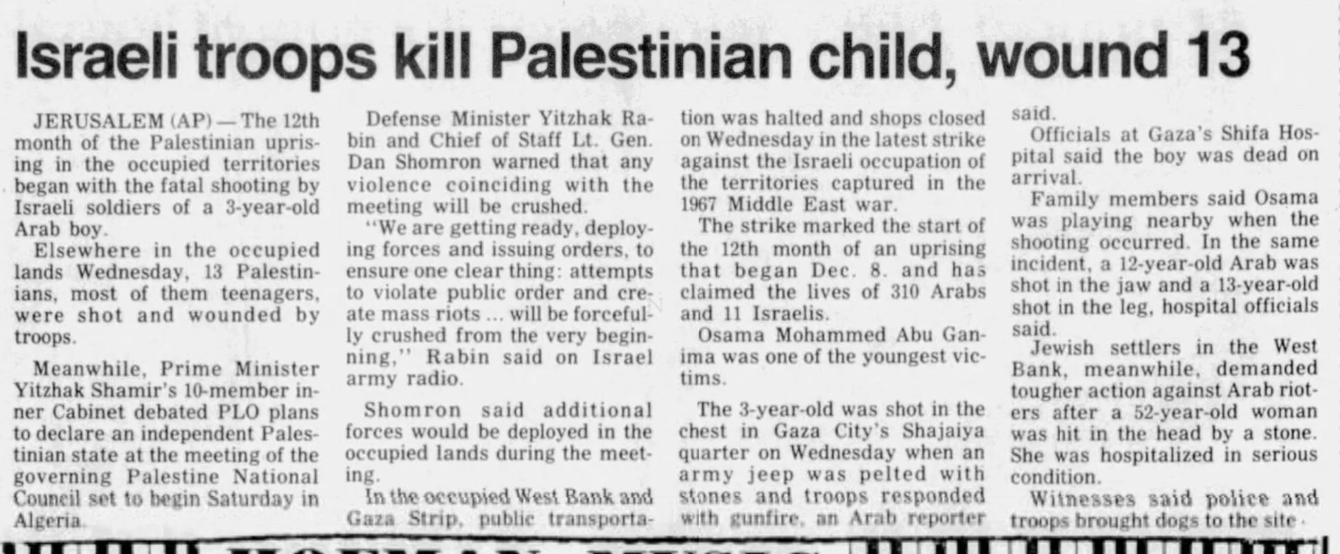 Israeli troops kill Palestinian child, wound 13 &mdash; The Courier, 10 November 1988