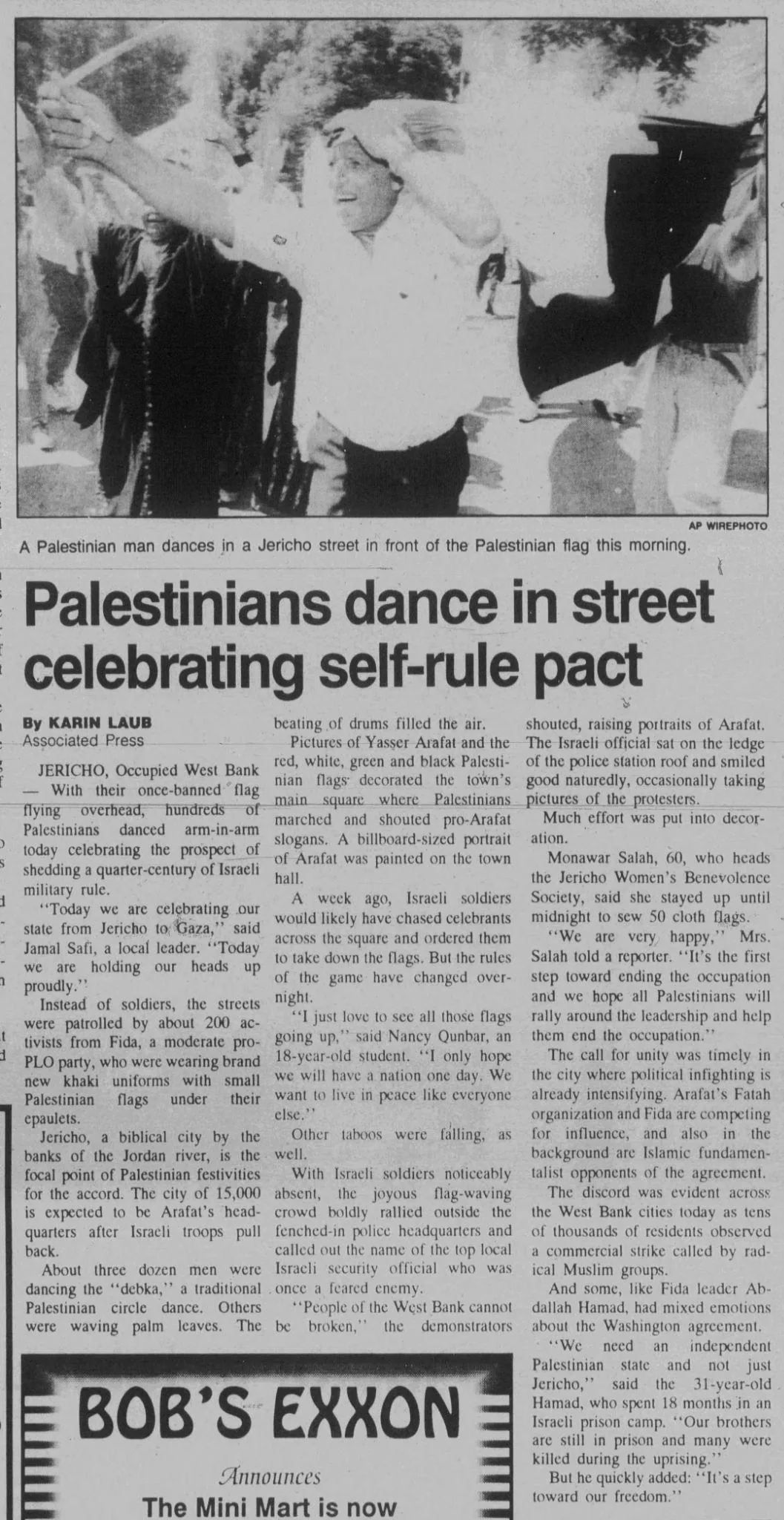 Palestinians dance in street celebrating self-rule pact &mdash; Journal Tribune, 13 September 1993